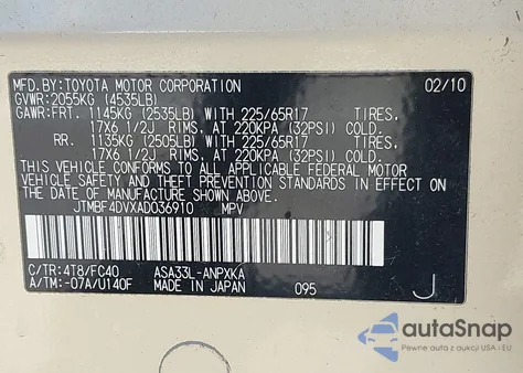 2010 Toyota Rav4 из США, поврежденный, VIN JTMBF4DVXAD036910